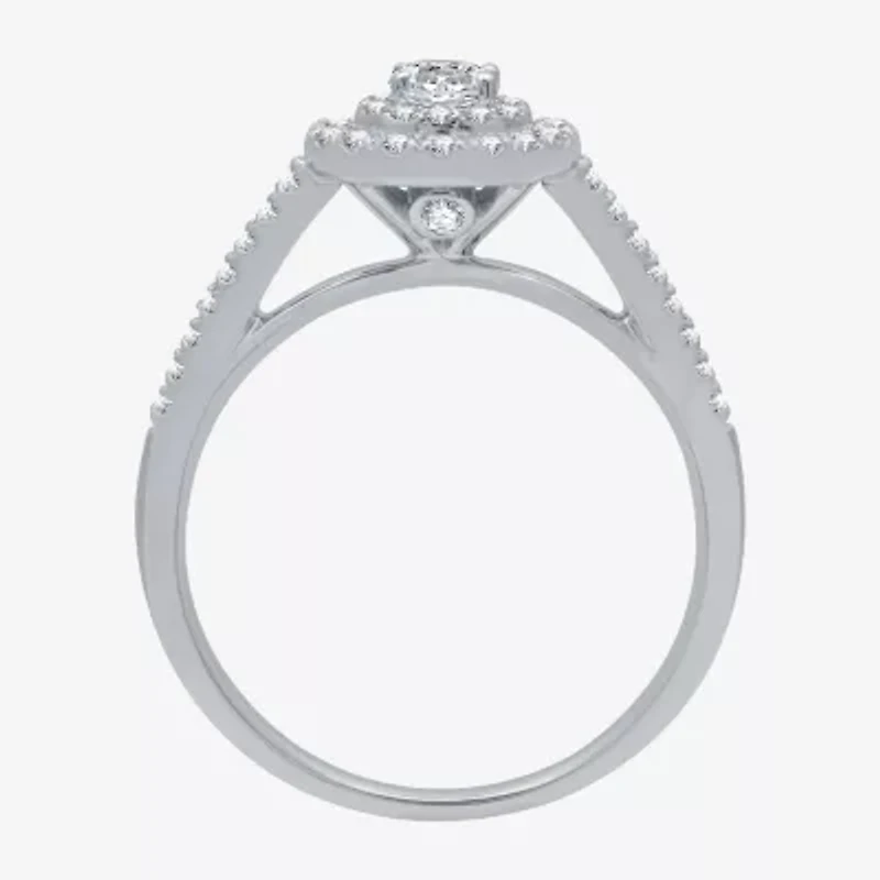 (H-I / I1) Womens 1/2 CT. T.W. Lab Grown White Diamond 10K Gold Side Stone Halo Engagement Ring