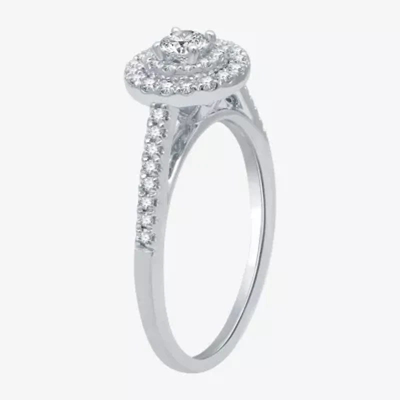 (H-I / I1) Womens 1/2 CT. T.W. Lab Grown White Diamond 10K Gold Side Stone Halo Engagement Ring