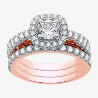 (H-I / I1) Womens 2 CT. T.W. Lab Grown White Diamond 10K Rose Gold Cushion Side Stone Halo Bridal Set