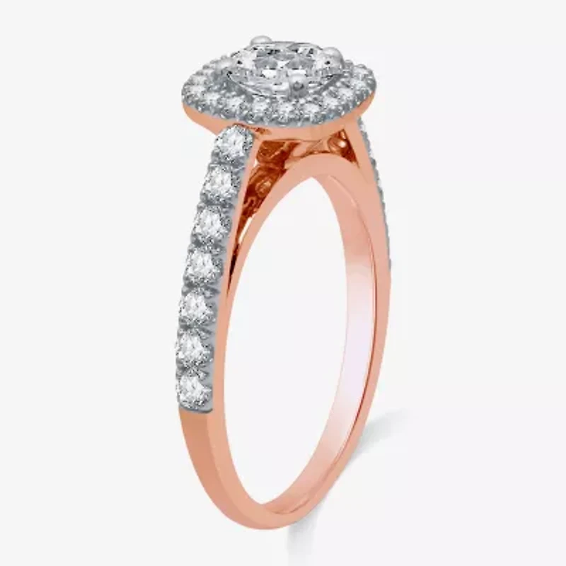 (H-I / I1) Womens 2 CT. T.W. Lab Grown White Diamond 10K Rose Gold Cushion Side Stone Halo Bridal Set