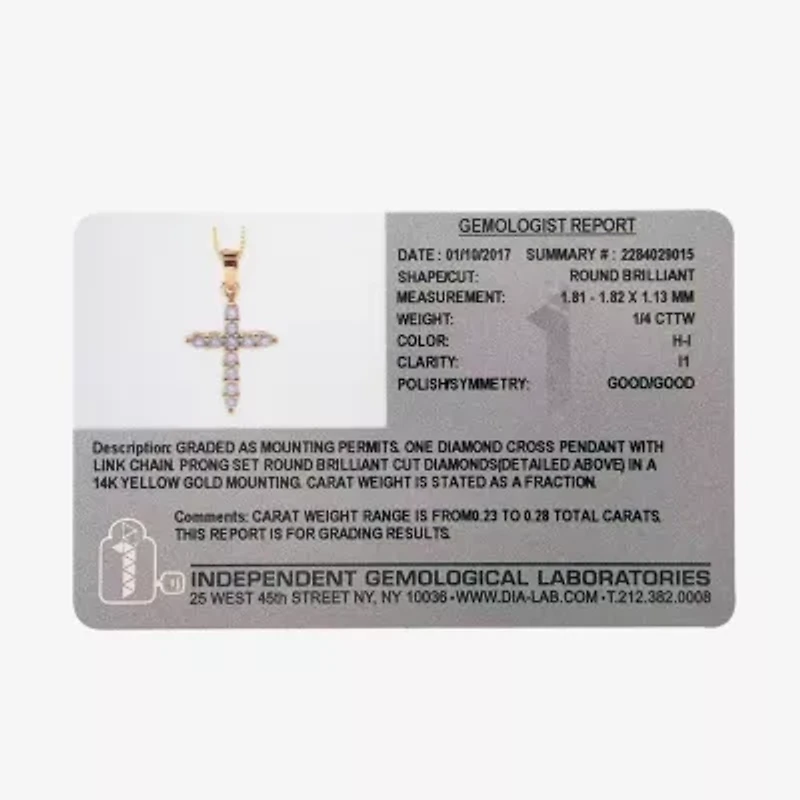 Womens 1/4 CT. T.W. Natural White Diamond 14K Gold Cross 18 Inch Pendant Necklace