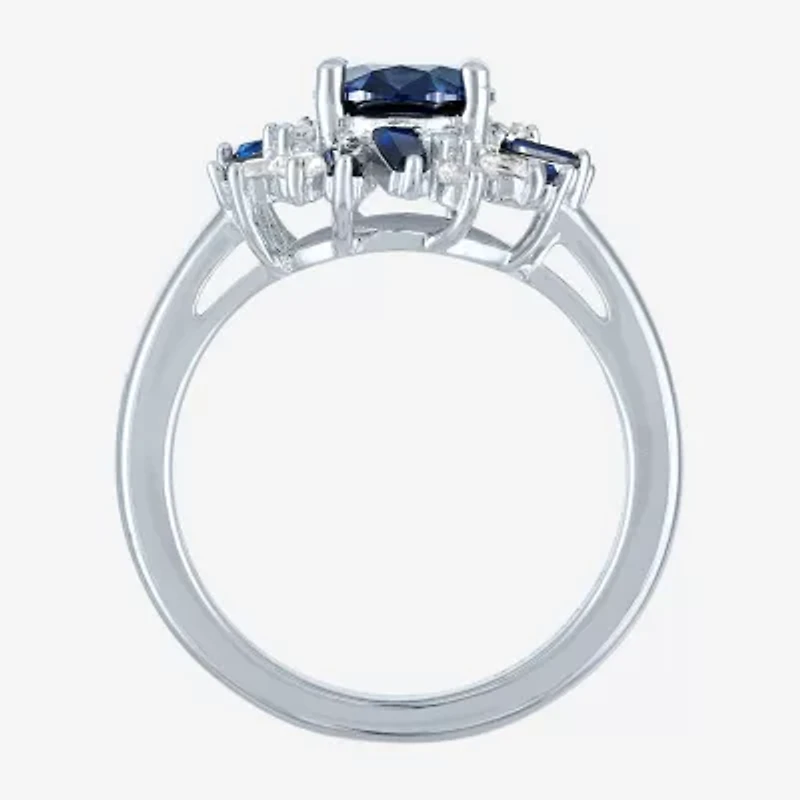 Womens Lab Created Blue Sapphire Sterling Silver Oval Cluster Halo Cocktail Ring