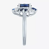 Womens Lab Created Blue Sapphire Sterling Silver Oval Cluster Halo Cocktail Ring