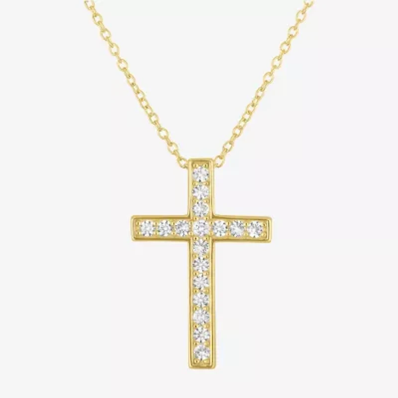 Yes, Please! Womens Lab Created White Sapphire 14K Gold Over Silver Cross 18 Inch Pendant Necklace