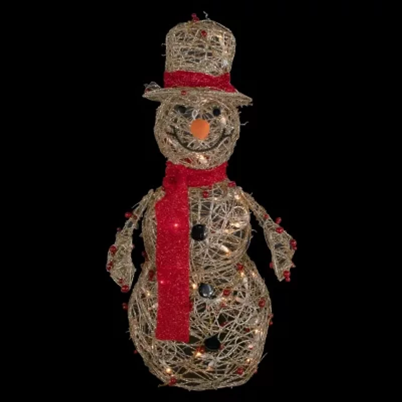 28'' Pre-Lit Champagne Gold and Red Glittered Snowman Outdoor Christmas Yard Decor