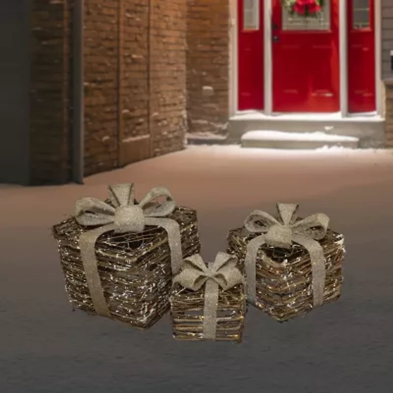 Northlight 9.75" Rattan Gift Boxes With Burlap Bows 3-pc. Christmas Tabletop Decor
