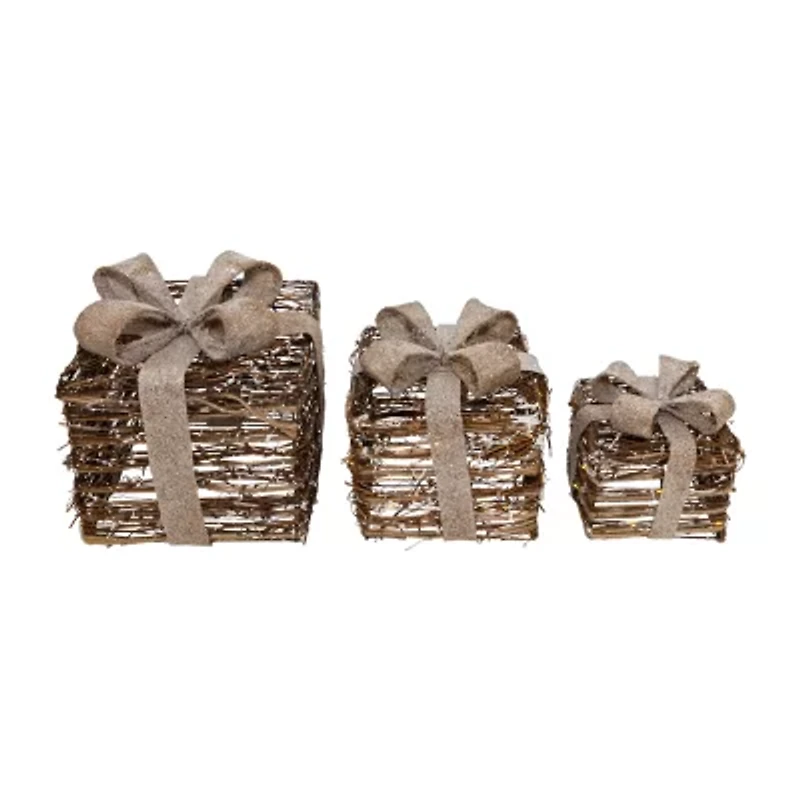Northlight 9.75" Rattan Gift Boxes With Burlap Bows 3-pc. Christmas Tabletop Decor
