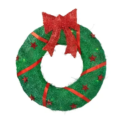 18'' Lighted Sisal Wreath with Stars and Bow Christmas Outdoor Decoration