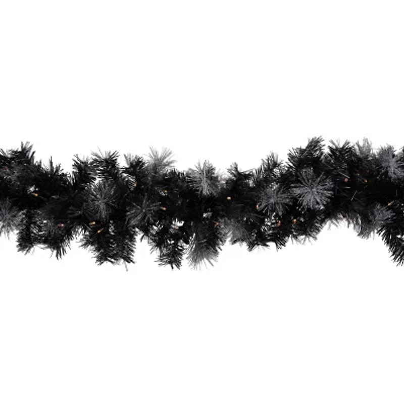 6' x 9 Pre-Lit Battery Operated Black Bristle Artificial Christmas Garland - Warm White LED Lights