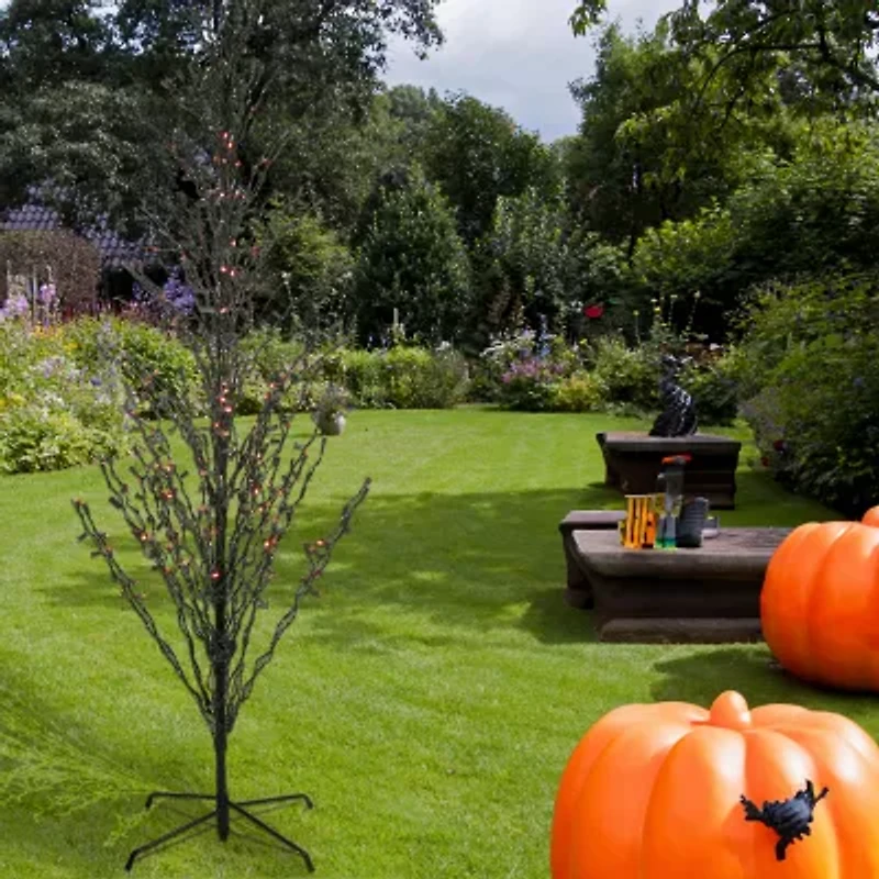 9' Pre-Lit Black Cascade Outdoor Halloween Twig Tree  Orange Lights