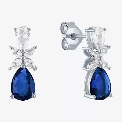 Womens Lab Created Blue Sapphire Sterling Silver Pear Drop Earrings