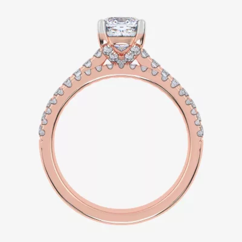 (H-I / Si2-I1) Womens 1 1/2 CT. T.W. Lab Grown White Diamond 10K Rose Gold Cushion Side Stone Bridal Set