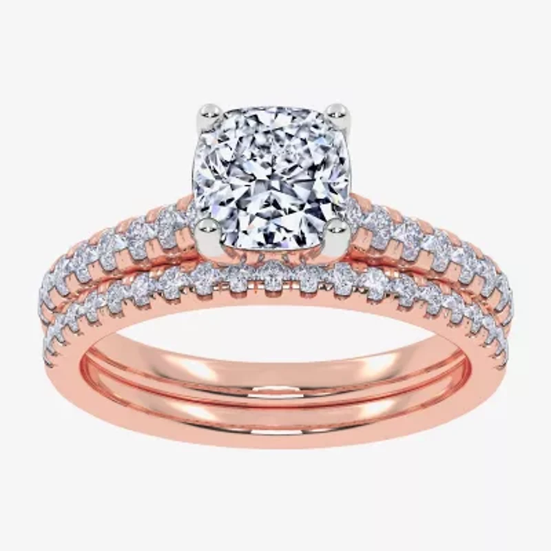 (H-I / Si2-I1) Womens 1 1/2 CT. T.W. Lab Grown White Diamond 10K Rose Gold Cushion Side Stone Bridal Set