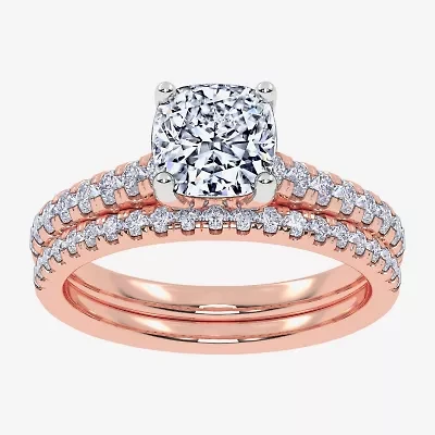 (H-I / Si2-I1) Womens 1 1/2 CT. T.W. Lab Grown White Diamond 10K Rose Gold Cushion Side Stone Bridal Set