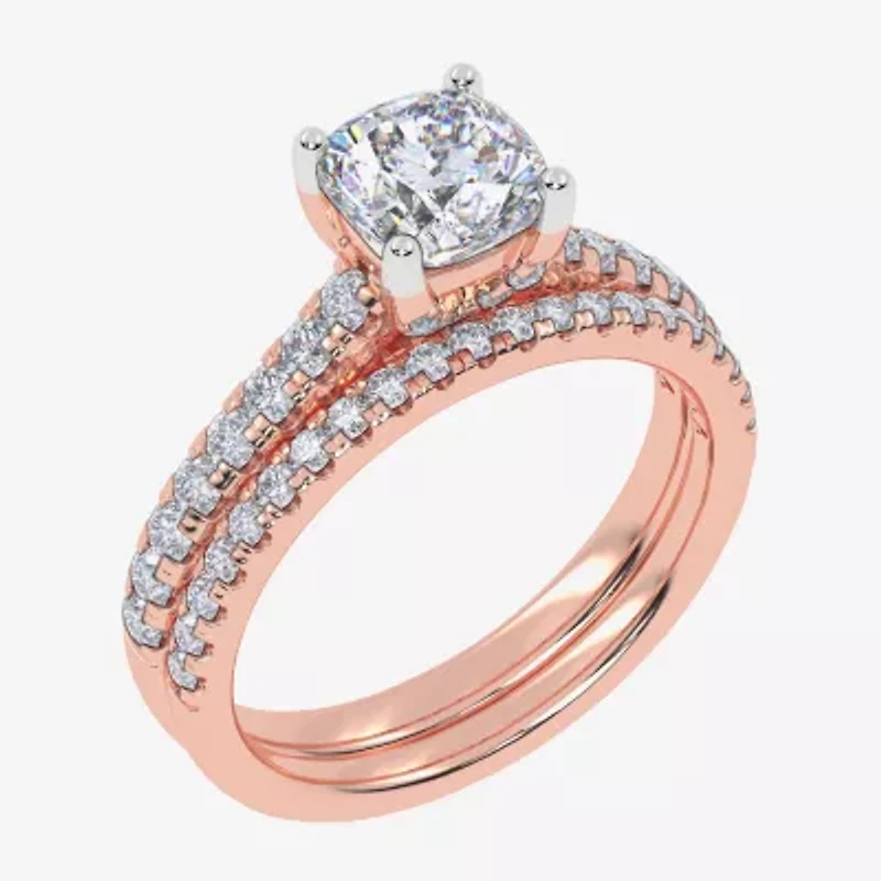 (H-I / Si2-I1) Womens 1 1/2 CT. T.W. Lab Grown White Diamond 10K Rose Gold Cushion Side Stone Bridal Set