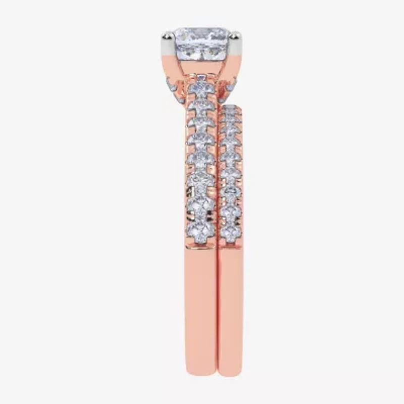 (H-I / Si2-I1) Womens 1 1/2 CT. T.W. Lab Grown White Diamond 10K Rose Gold Cushion Side Stone Bridal Set