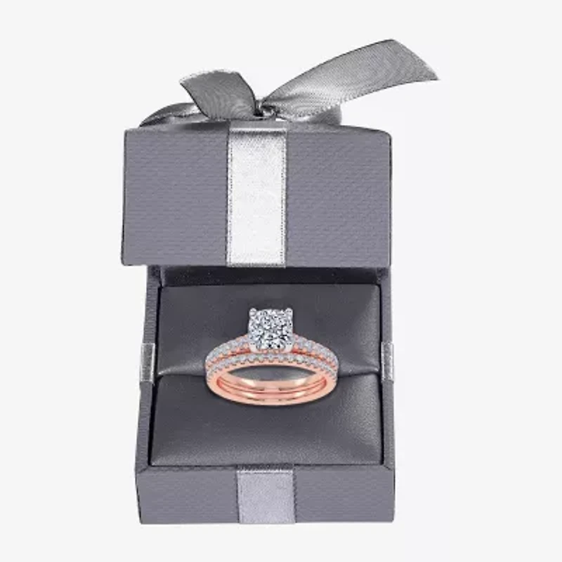 (H-I / Si2-I1) Womens 1 1/2 CT. T.W. Lab Grown White Diamond 10K Rose Gold Cushion Side Stone Bridal Set