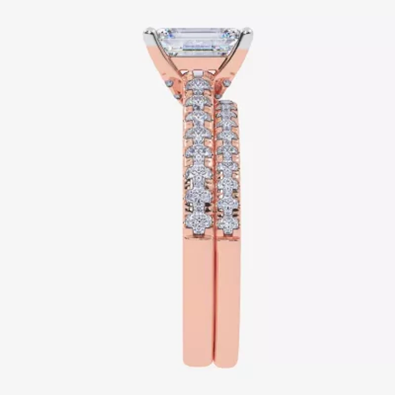 (H-I / Si2-I1) Womens 1 1/2 CT. T.W. Lab Grown White Diamond 10K Rose Gold Rectangular Side Stone Bridal Set