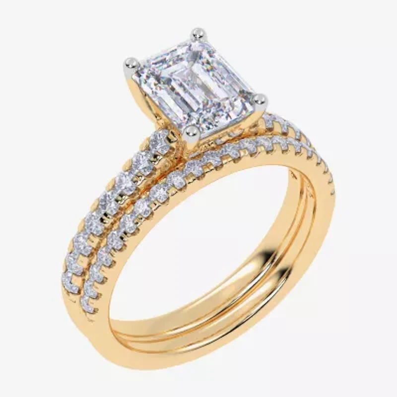 (H-I / Si2-I1) Womens 1 1/2 CT. T.W. Lab Grown White Diamond 10K Gold Rectangular Side Stone Bridal Set