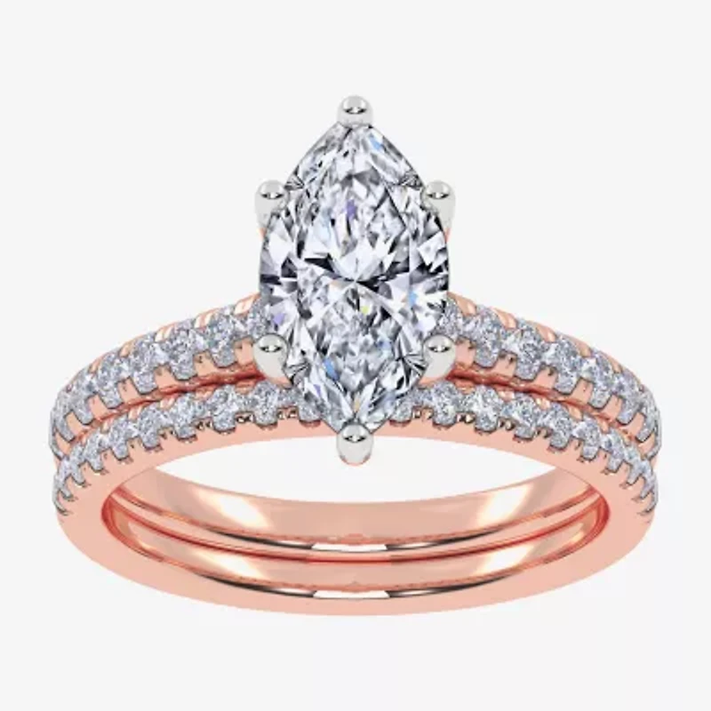 (H-I / Si2-I1) Womens 1 1/2 CT. T.W. Lab Grown White Diamond 10K Rose Gold Marquise Side Stone Bridal Set