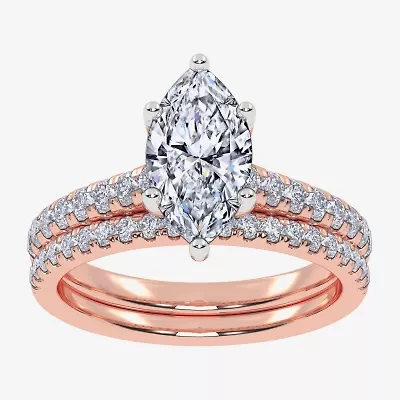 (H-I / Si2-I1) Womens 1 1/2 CT. T.W. Lab Grown White Diamond 10K Rose Gold Marquise Side Stone Bridal Set