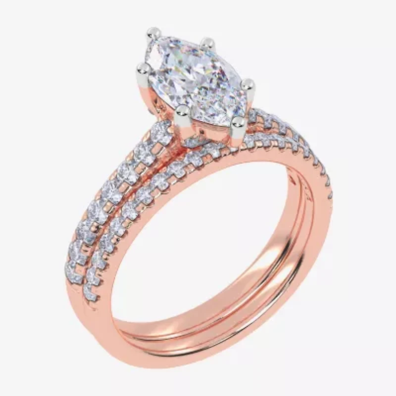 (H-I / Si2-I1) Womens 1 1/2 CT. T.W. Lab Grown White Diamond 10K Rose Gold Marquise Side Stone Bridal Set
