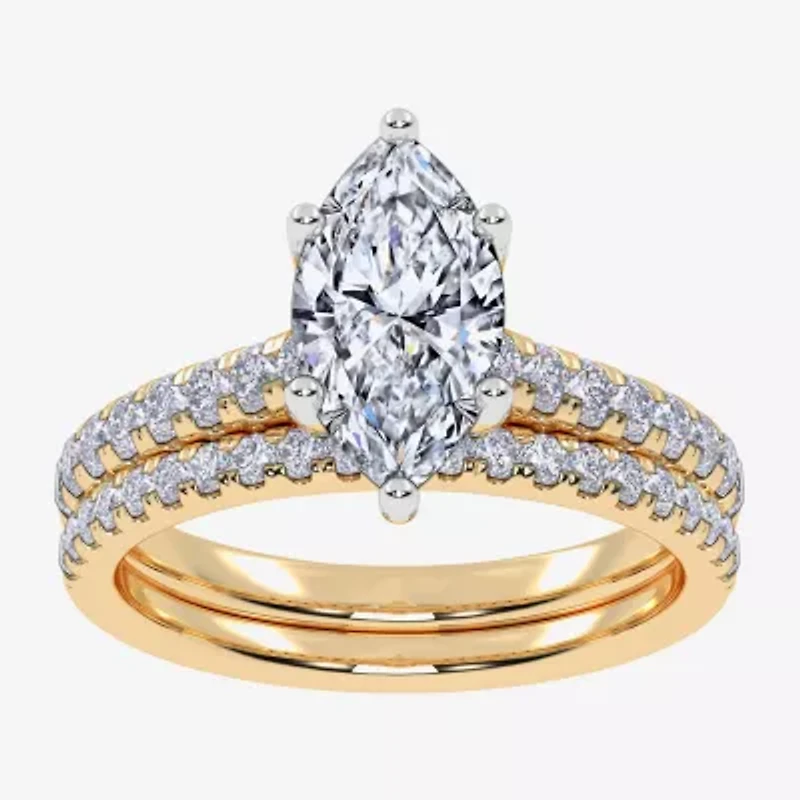(H-I / Si2-I1) Womens 1 1/2 CT. T.W. Lab Grown White Diamond 10K Gold Marquise Side Stone Bridal Set