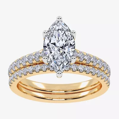 (H-I / Si2-I1) Womens 1 1/2 CT. T.W. Lab Grown White Diamond 10K Gold Marquise Side Stone Bridal Set