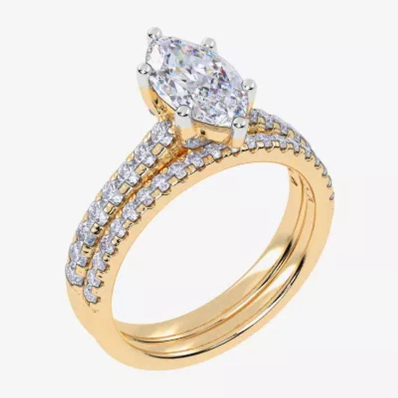 (H-I / Si2-I1) Womens 1 1/2 CT. T.W. Lab Grown White Diamond 10K Gold Marquise Side Stone Bridal Set