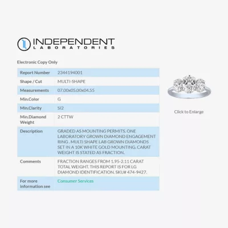 Love Lives Forever (G / Si2) Womens 2 CT. T.W. Lab Grown White Diamond 10K Gold Oval 3-Stone Engagement Ring