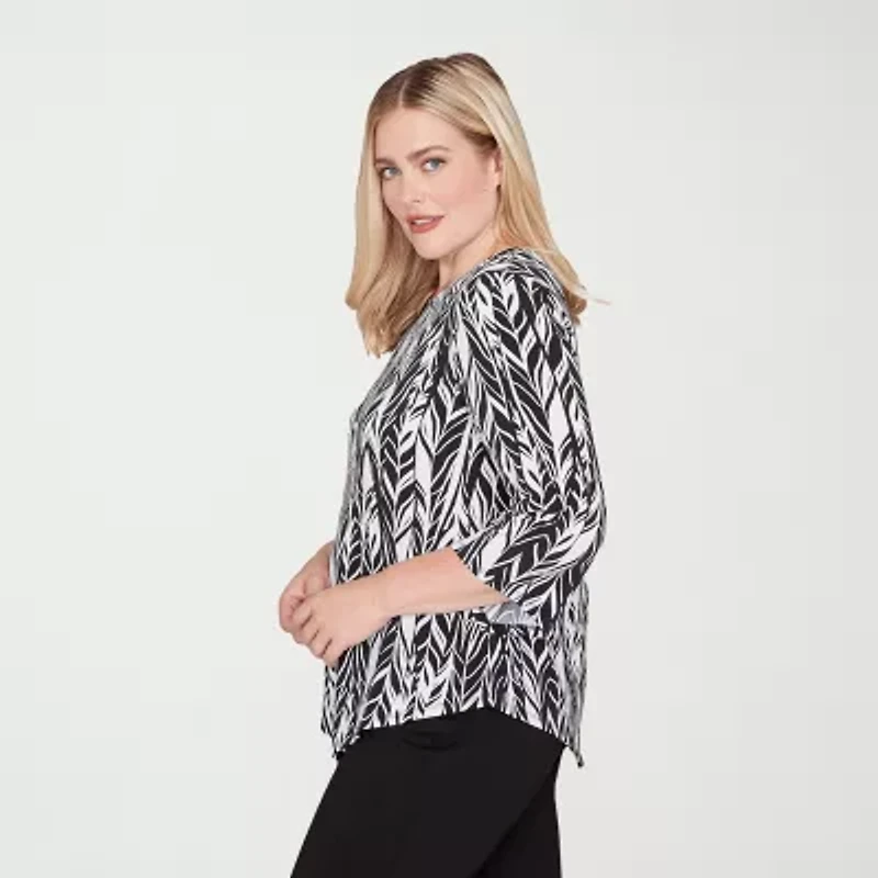 Alfred Dunner Classics Womens Crew Neck 3/4 Sleeve T-Shirt