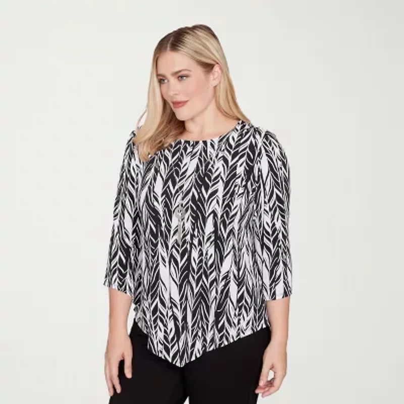 Alfred Dunner Classics Womens Crew Neck 3/4 Sleeve T-Shirt