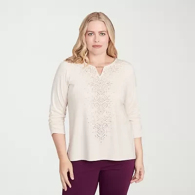 Alfred Dunner Urban Legend Womens Split Crew Neck 3/4 Sleeve T-Shirt