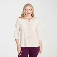 Alfred Dunner Urban Legend Womens Split Crew Neck 3/4 Sleeve T-Shirt