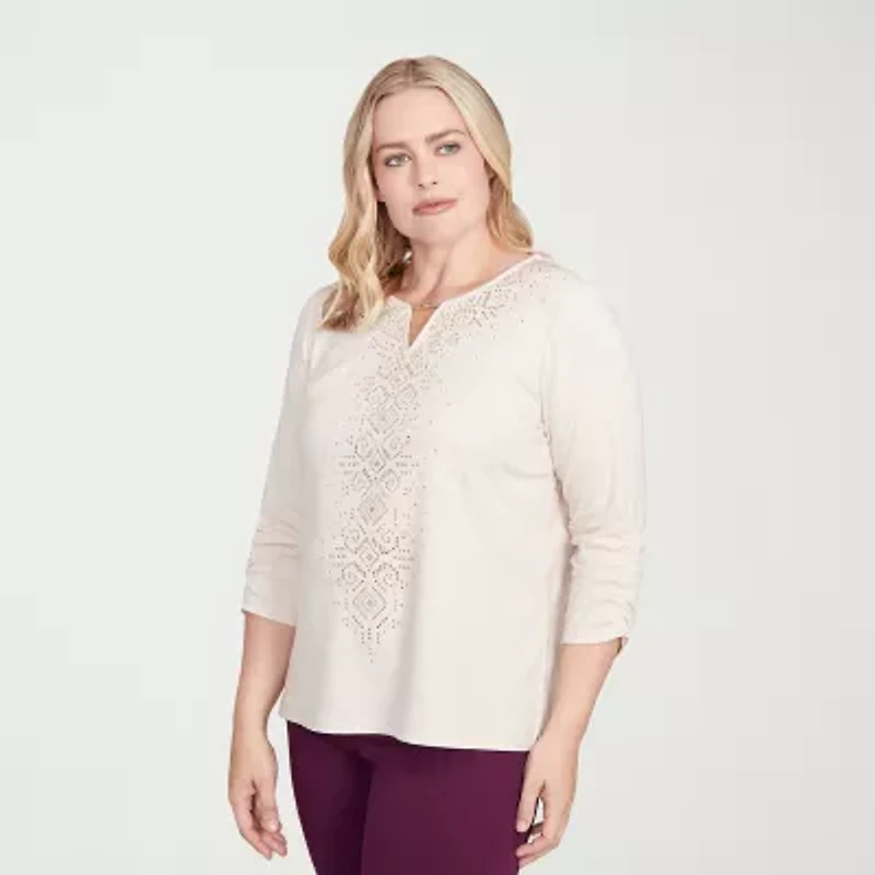 Alfred Dunner Urban Legend Womens Split Crew Neck 3/4 Sleeve T-Shirt