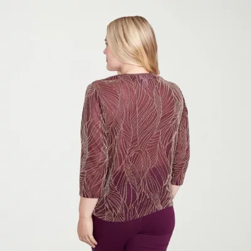 Alfred Dunner Urban Legend Womens Round Neck 3/4 Sleeve Layered Top