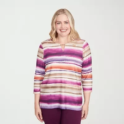 Alfred Dunner Urban Legend Womens Keyhole Neck 3/4 Sleeve T-Shirt