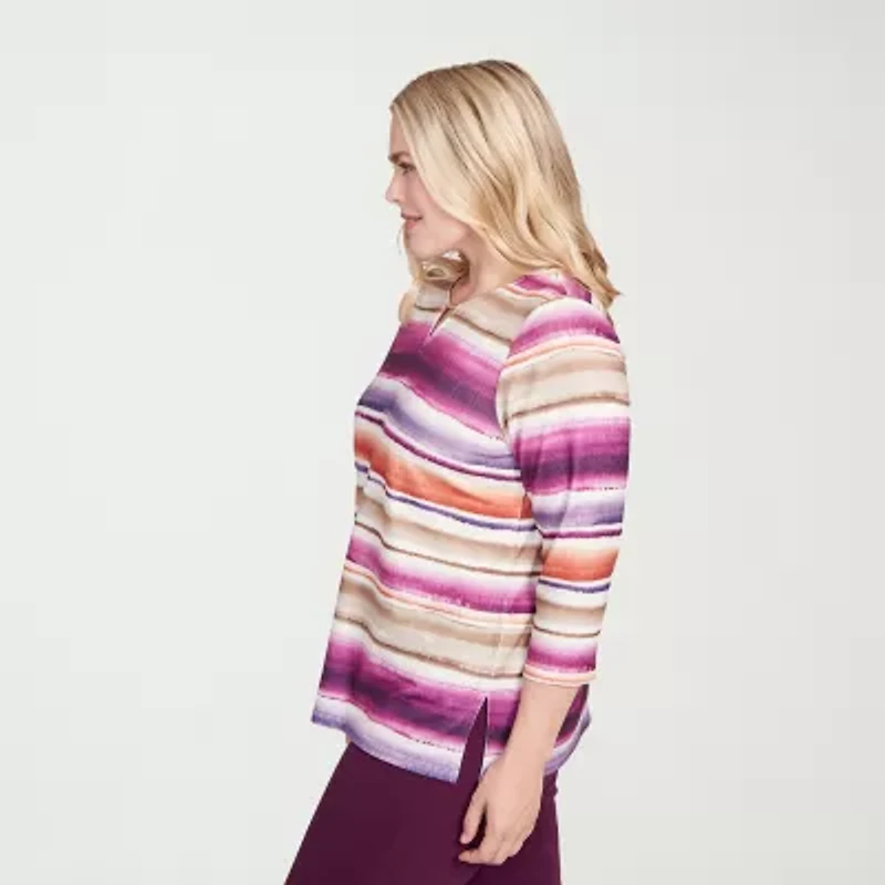 Alfred Dunner Urban Legend Womens Keyhole Neck 3/4 Sleeve T-Shirt