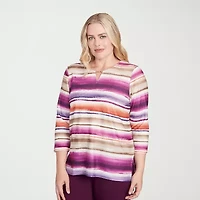 Alfred Dunner Urban Legend Womens Keyhole Neck 3/4 Sleeve T-Shirt