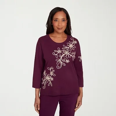 Alfred Dunner Urban Legend Womens Crew Neck 3/4 Sleeve Floral Pullover Sweater
