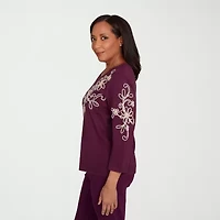 Alfred Dunner Urban Legend Womens Crew Neck 3/4 Sleeve Floral Pullover Sweater