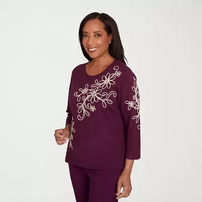 Alfred Dunner Urban Legend Womens Crew Neck 3/4 Sleeve Floral Pullover Sweater
