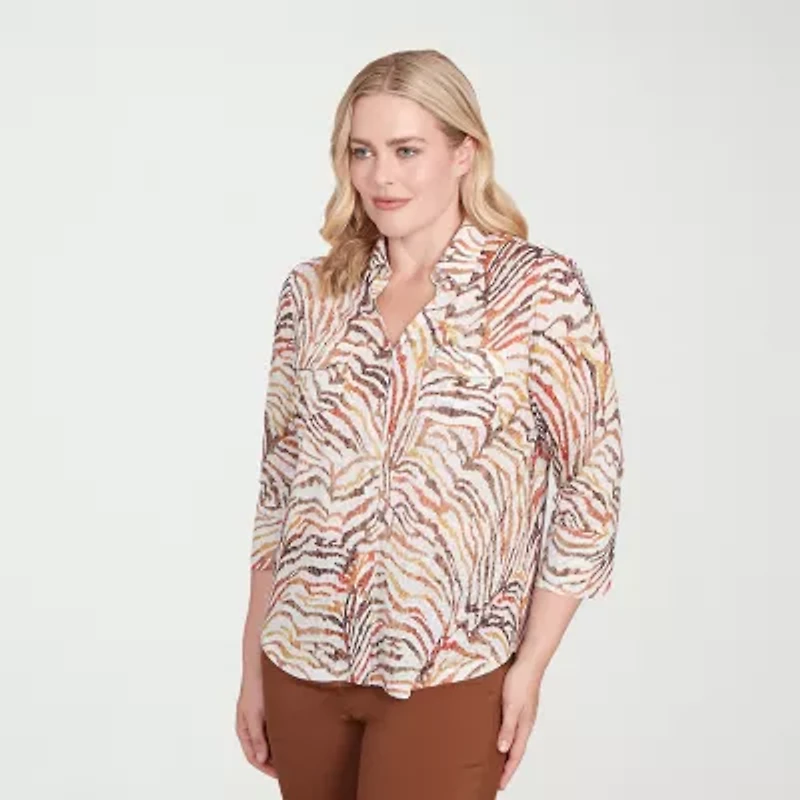 Alfred Dunner Mount Laurel Womens 3/4 Sleeve Button-Down Shirt