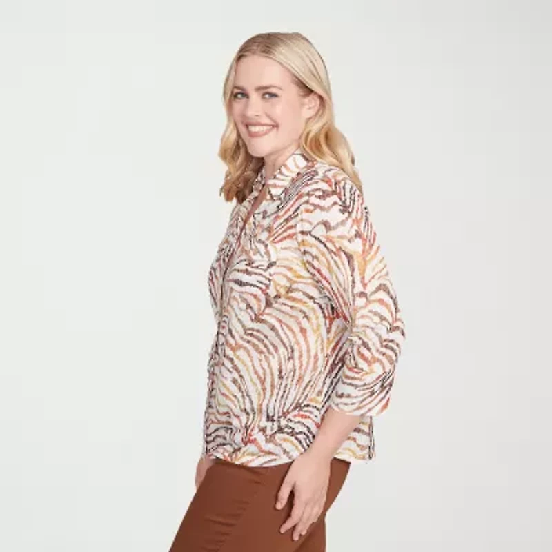 Alfred Dunner Mount Laurel Womens 3/4 Sleeve Button-Down Shirt
