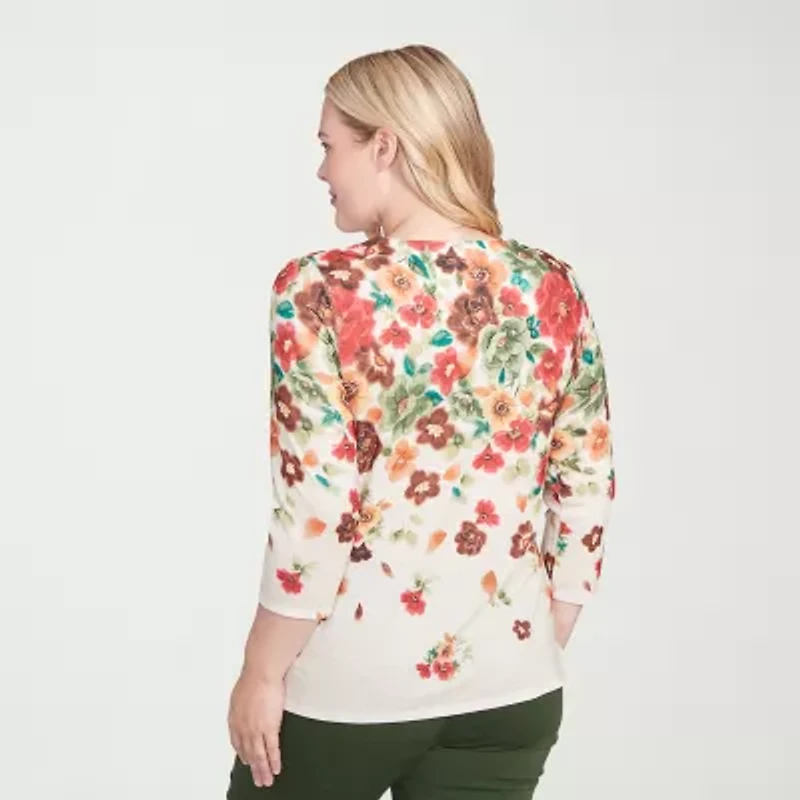 Alfred Dunner Mount Laurel Womens Crew Neck 3/4 Sleeve T-Shirt