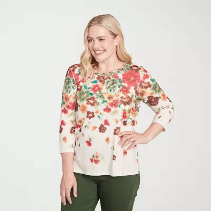 Alfred Dunner Mount Laurel Womens Crew Neck 3/4 Sleeve T-Shirt