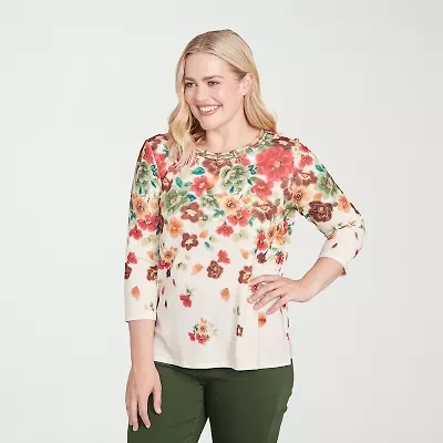 Alfred Dunner Mount Laurel Womens Crew Neck 3/4 Sleeve T-Shirt