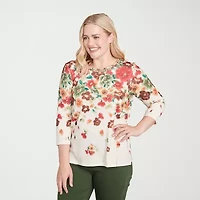 Alfred Dunner Mount Laurel Womens Crew Neck 3/4 Sleeve T-Shirt