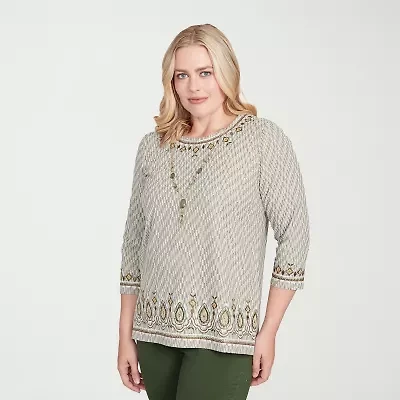 Alfred Dunner Mount Laurel Womens Crew Neck 3/4 Sleeve T-Shirt