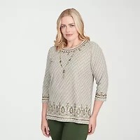 Alfred Dunner Mount Laurel Womens Crew Neck 3/4 Sleeve T-Shirt